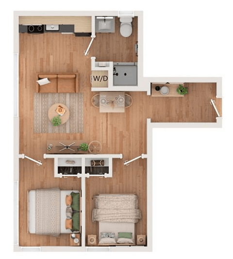 A top-down view of a small apartment layout with a kitchen, living room, and bathroom.